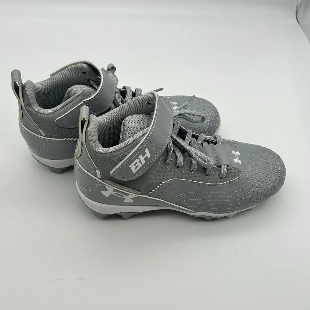Under Armour Boys Baseball Cleats Gray White Mid Top Size 3.5Y Hook Loop